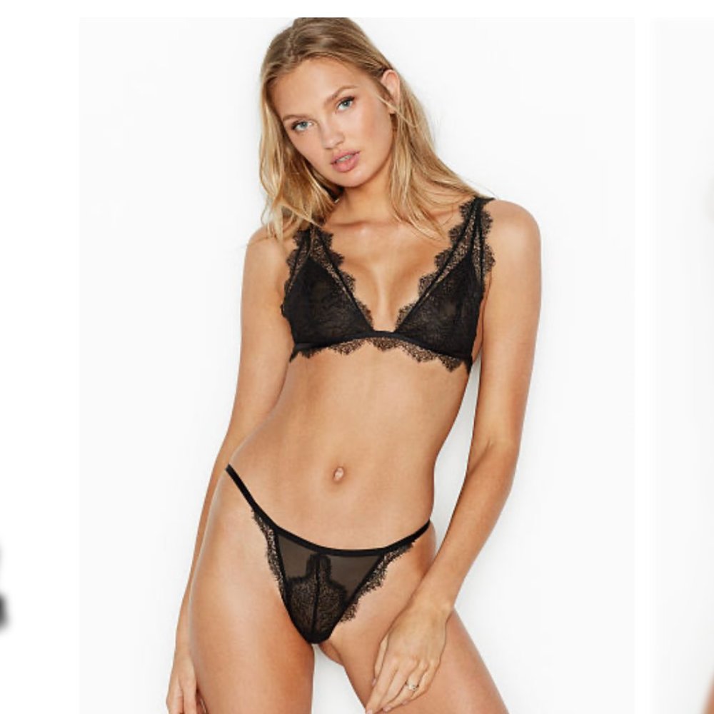 Victoria's Secret Black Chantilly Lace Bralette Triangle Bra Delicate Eyelash